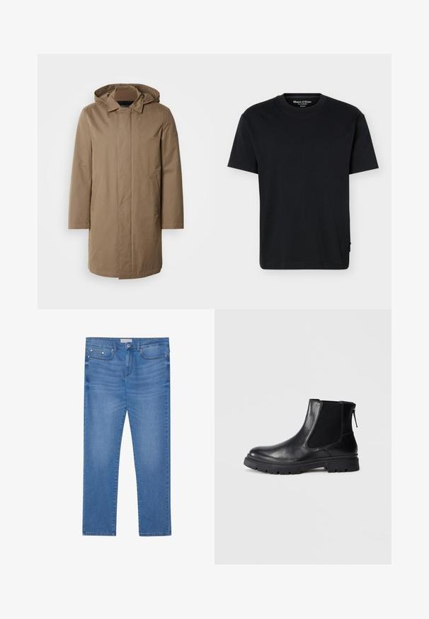 Lange, gewatteerde jas in een gedempte bruine kleur. Gemaakt van gladde stof met zijzakken en een recht gesneden ontwerp. Minimalistische stijl, zonder zichtbare patronen.; Zwart T-shirt met korte mouwen, ronde hals, een relaxte pasvorm en Marc O’Polo branding aan de binnenkant van de kraag, op een effen achtergrond.; Lichtblauwe spijkerbroek met een rechte pijp, vijf zakken, subtiele vervaging en metalen accenten op de taille en zakken.; Zwarte leren enkelboot met een gladde afwerking, elastische mesh zijkanten en een robuuste zool met een zichtbaar profiel.