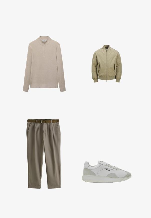 Beige Bomberjacke aus glattem Stoff mit einem Reißverschluss vorne, zwei Seitentaschen, gerippten Bündchen und einem runden Kragen.; Beige gerippter Pullover mit hohem Kragen und halbem Reißverschluss. Lange Ärmel und ein figurbetonter Saum ergänzen das strukturierte Aussehen.; Taupefarbene, plissierte Hose mit Seitentaschen und einem braunen Gürtel mit silberner Schnalle, präsentiert vor weißem Hintergrund.; Weißer und hellgrauer Sneaker mit niedrigem Schaft, Mesh- und Wildlederpaneelen, Schnürverschluss vorne und "REISS"-Logo an der Seite und Sohle.