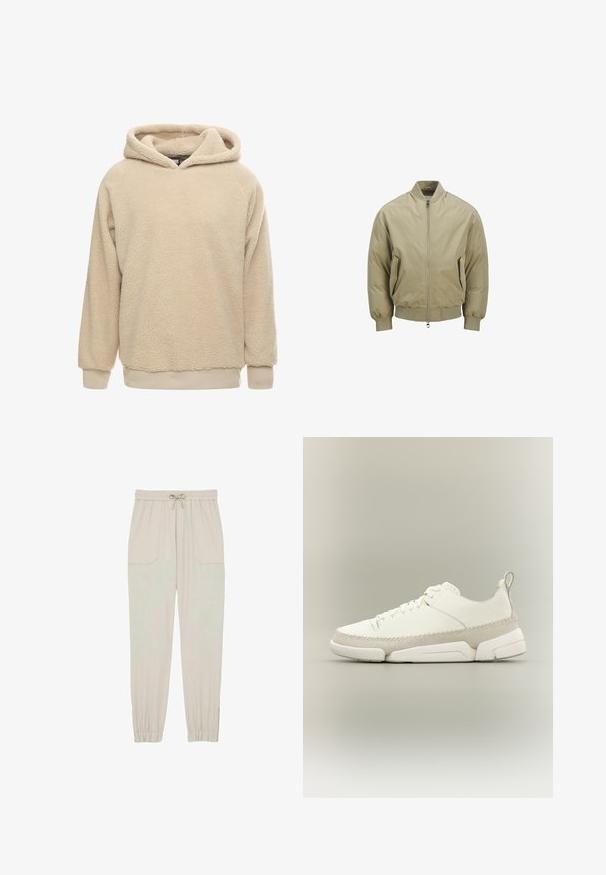 Beige bomberjakke lavet af glat stof, med en frontlynlås, to sidelommer, ribbede manchetter og en rund krave.; Beige fleece hoodie med en tekstureret overflade, stor hætte og ribbede manchetter og kant. Har en afslappet pasform og lange ærmer.; Lys beige joggerbukser lavet af blødt stof, med elastisk talje og snor, sidelommer og tapered ankler.; Lavtop off-white læder sneaker med snørelukning foran, beige ruskindskant, trække-flig ved hælen og tyk hvid gummisål.