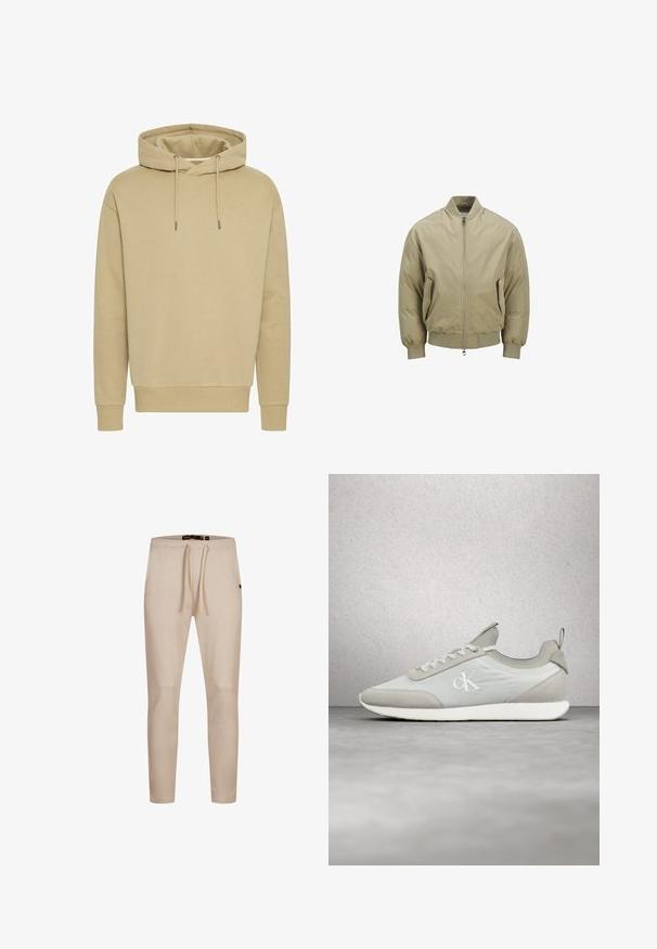 Beige bomber jacket, joka on valmistettu sileästä kankaasta, etuvetoketjukiinnityksellä, kahdella sivutaskulla, ribbauspäillä ja pyöreällä kauluksella.; Khaki huppari, puuvillasekoite, ribattu hihansuu ja helma, säädettävät nyörit, sileä pinta, rento leikkaus, ei näkyviä kuvioita.; Beiget kapealahkeiset collegehousut, joissa on joustava vyötärönauha ja kiristysnyöri, sekä pieni sivussa oleva logolappu.; Valkoinen ja beige nyörillinen lenkkikenkä, jossa "ck"-logo sivussa, esitetty ilmassa modernin lasi- ja betonitaustan edessä.