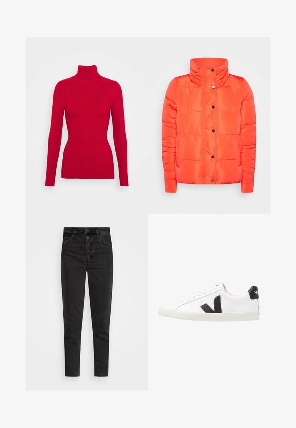 ONLY ONLCOOL - Zimná bunda - orange; Červený rebrovaný rolák s dlhými rukávmi, textúrovaná tkanina, priliehavý strih a vysoký golier. Žiadne viditeľné ozdoby.; Čierne džínsy s vysokým pásom, zapínanie na gombíky, piatimi vreckami a slim fit. Hladká textura s minimálnym blednutím a bez ozdôb.; Biele tenisky s čiernym logom V, vyrobené z hladkej koženej vrchnej časti, s okrúhlou špičkou, šnurovaním a kontrastným čiernym pätovým tabom.