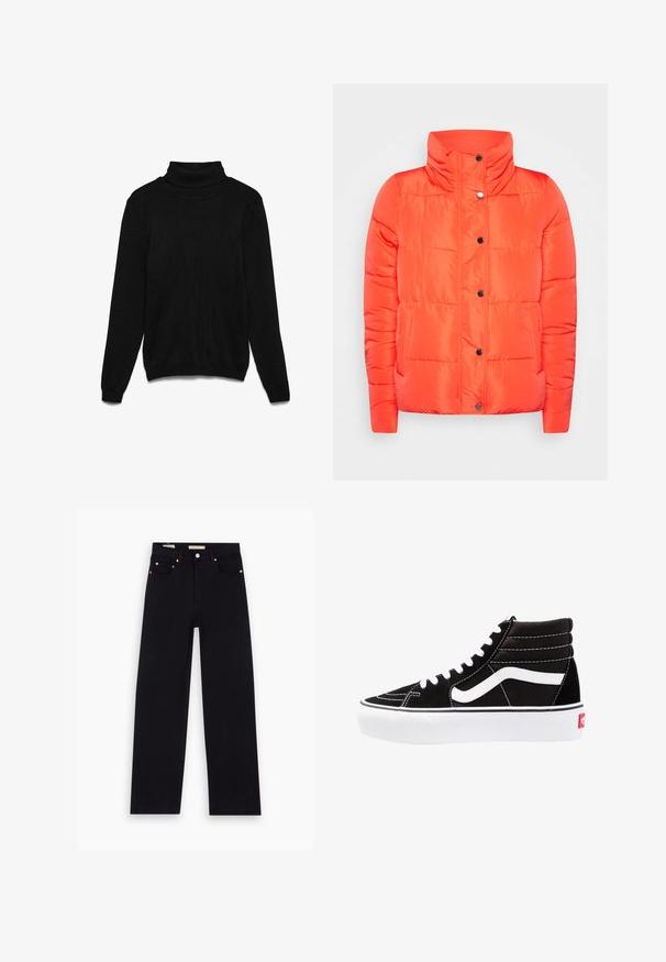 ONLY ONLCOOL - Winterjas - orange; Zwarte coltrui gemaakt van gebreide stof. Heeft lange mouwen, een geribde kraag en een losse pasvorm. Geen zichtbare patronen of accenten.; Zwarte denim jeans met een recht model, vijf zakken, koperen hardware en een gladde textuur. Twee labels zichtbaar op de tailleband.; Zwarte high-top sneakers met witte veters, een wit logo en contrasterende witte stiksels. Heeft een dikke witte zool en een bovenwerk van gestructureerd suede.