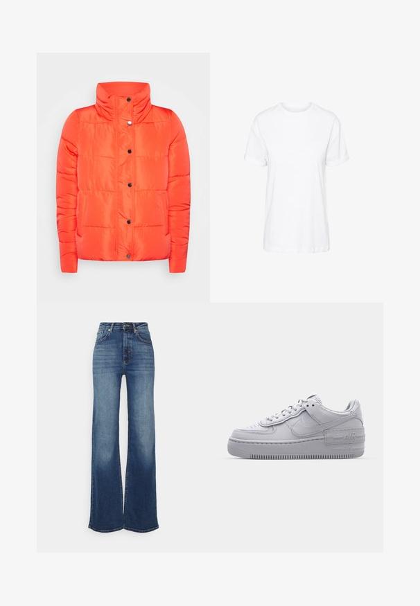 ONLY ONLCOOL - Winterjas - orange; Witte katoenen T-shirt met korte mouwen, een ronde hals en een relaxte pasvorm, met een gladde textuur en zonder zichtbare patronen.; Wijduitlopende spijkerbroeken in medium blauwe denim. Hoge taille met een gladde afwerking, vervaagde voorkant en subtiele stikdetails. Gesloten in de taille met een knoop.; Grijze Nike Air Force 1 sneaker met geperforeerde neus, glad leren bovenwerk, dikke zool en verhoogde 'AIR' details op de hiel.