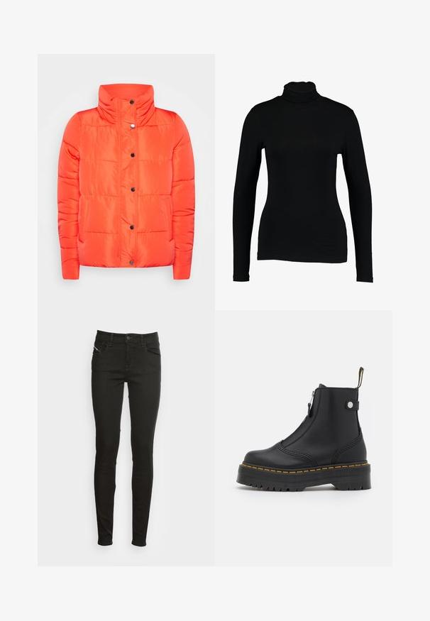ONLY ONLCOOL - Chaqueta de invierno - orange; Top negro de manga larga con cuello alto hecho de tela suave, con un diseño ajustado y un cuello alto, adecuado para usar en capas o como prenda independiente.; Jeans ajustados negros con bolsillos frontales, pasadores para cinturón, cierre de botón y cremallera, mostrados sobre un fondo blanco.; Botín negro de cuero suave, con cremallera lateral, costuras amarillas y suela de goma gruesa y estriada.