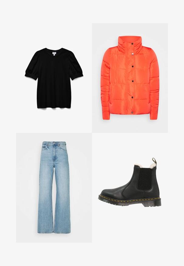 ONLY ONLCOOL - Chaqueta de invierno - orange; Top corto negro de manga corta con escote redondo, hecho de una tela suave. Presenta mangas abullonadas y un corte relajado. Diseño simple, sin adornos.; Jeans de mezclilla de tiro alto y pierna amplia en color azul claro. Presentan un cierre clásico de botón y cremallera, con una sutil textura desgastada y costuras en contraste.; Botín negro de cuero con paneles laterales texturizados, suave forro de piel sintética blanca, costuras amarillas y una suela de goma duradera.