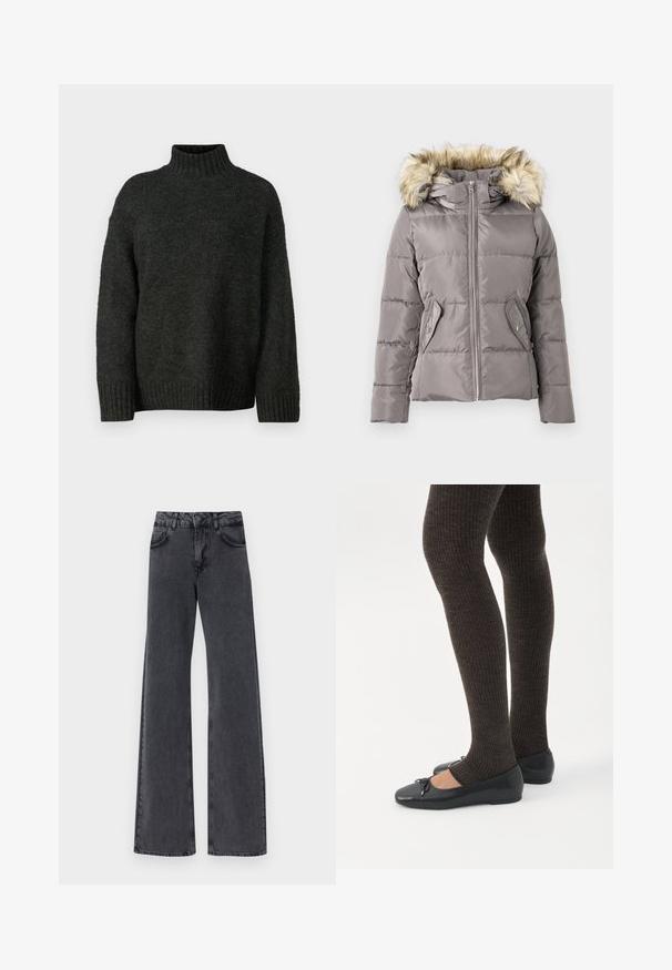 Chaqueta de invierno gris acolchada con cremallera frontal, dos bolsillos con botón a presión y capucha con borde de piel sintética marrón claro.; Vero Moda Tall VMMADDIE HIGHNECK PULL - Jersey de punto - dark grey melange; Jeans acampanados de mezclilla negra con cintura alta, que cuentan con dos bolsillos frontales y sutiles detalles de costura a lo largo de las costuras.; Piernas con leggings oscuros acanalados combinados con bailarinas negras que presentan pequeños detalles de lazo sobre un fondo blanco.