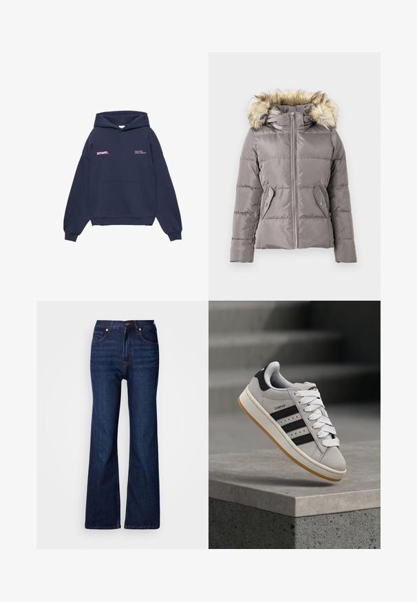 Veste d'hiver grise matelassée avec fermeture éclair à l'avant, deux poches à bouton-pression et capuche bordée de fausse fourrure brun clair.; Sweatshirt à capuche bleu marine avec poche avant, logo rose "STWD" sur la poitrine gauche et texte "Stay United Global Community" sur la poitrine droite.; Jean denim bleu foncé évasé avec cinq poches, braguette à boutons et coutures contrastantes. Texture lisse avec une apparence robuste.; Baskets Adidas Campus grises avec des rayures noires et des lacets blancs flottant au-dessus d'un rebord en béton avec des escaliers en arrière-plan.