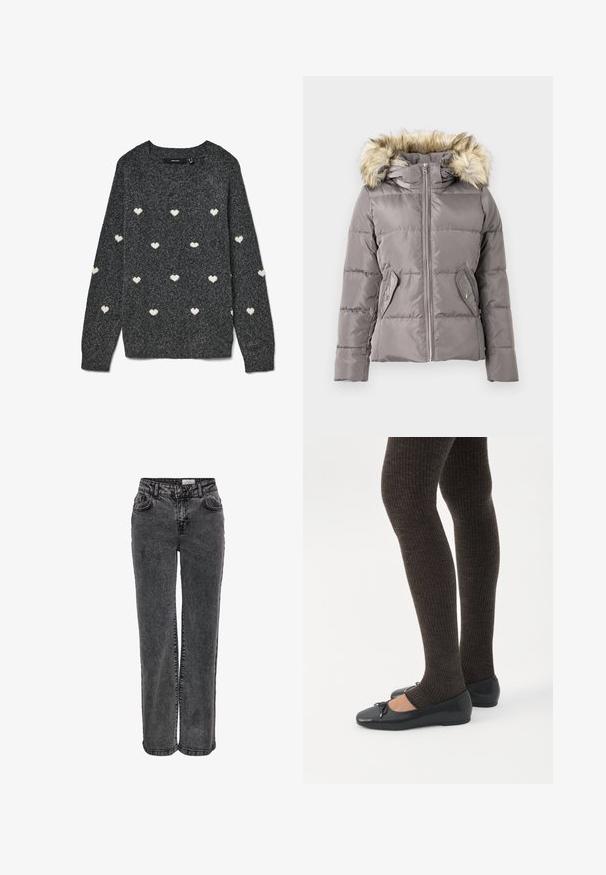 Veste d'hiver grise matelassée avec fermeture éclair à l'avant, deux poches à bouton-pression et capuche bordée de fausse fourrure brun clair.; Pull gris à col rond et manches longues, avec un motif répété de petits cœurs blancs sur toute la surface. Tissu à la texture douce.; Jeans en denim noir au design droit, avec poches avant, passants de ceinture et une texture légèrement délavée.; Jambes portant des leggings côtelés foncés associés à des ballerines noires avec de petits détails en nœud sur fond blanc.