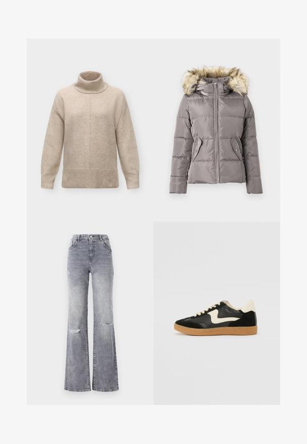 Chaqueta de invierno gris acolchada con cremallera frontal, dos bolsillos con botón a presión y capucha con borde de piel sintética marrón claro.; Jersey de lana beige con cuello alto, mangas largas, puños y dobladillo acanalados, y una costura central que corre verticalmente por el delantero.; Jeans de mezclilla gris de cintura alta con pierna acampanada, que presentan detalles desgastados en las rodillas, un diseño clásico de cinco bolsillos y costuras en tono.; Zapatillas de deporte de ante y cuero negro con un swoosh lateral en crema y un talón en crema claro. Presenta cordones beige y una suela de goma marrón.