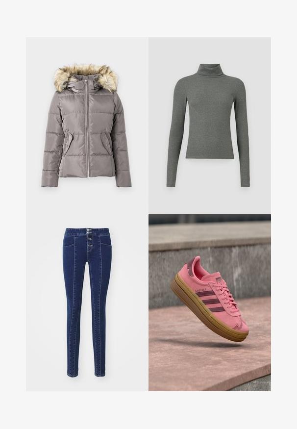 Veste d'hiver grise matelassée avec fermeture éclair à l'avant, deux poches à bouton-pression et capuche bordée de fausse fourrure brun clair.; Haut en turtleneck gris à manches longues fabriqué dans un matériau côtelé doux, avec un design ajusté et un col haut.; Jean en denim bleu foncé avec une taille haute, fermeture à cinq boutons, deux poches avant et une coupe slim. Texture douce.; Baskets Adidas Gazelle roses avec semelle et bandes marron, flottant au-dessus d'une surface en pierre avec un fond en béton gris.