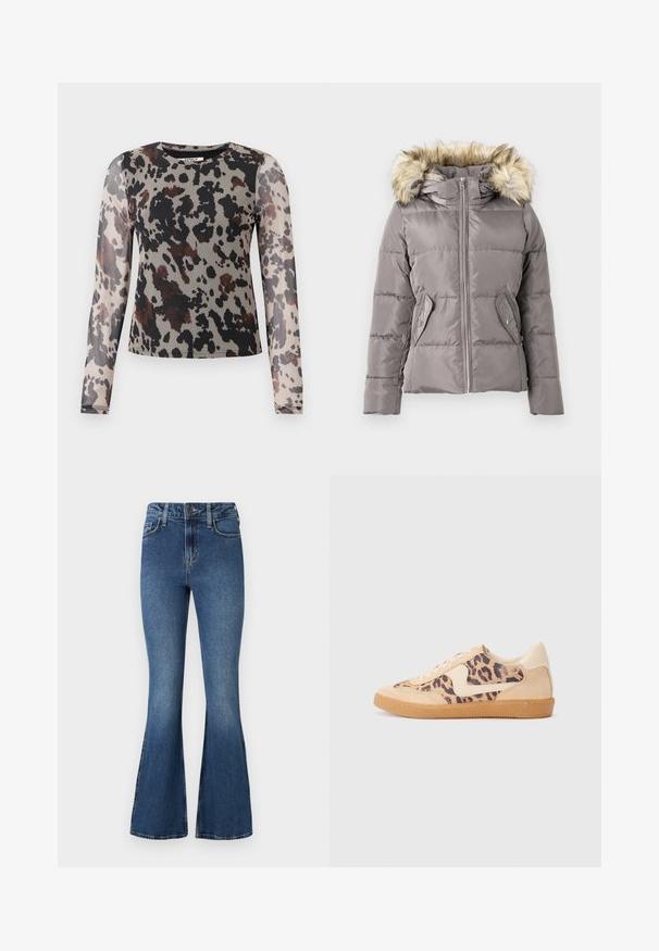 Chaqueta de invierno gris acolchada con cremallera frontal, dos bolsillos con botón a presión y capucha con borde de piel sintética marrón claro.; Blusa de manga larga en tejido ligero y transparente con un estampado de leopardo en tonos terrosos de negro, marrón y beige. Escote redondo.; Vaqueros acampanados azules con cintura alta, con un diseño estándar de cinco bolsillos y cierre de botón. Textura suave con detalles de desvanecimiento ligero.; Zapatillas de leopardo con parte superior de ante beige, suela de goma marrón y acentos blancos. Punta redonda y diseño con cordones con un acabado texturado.
