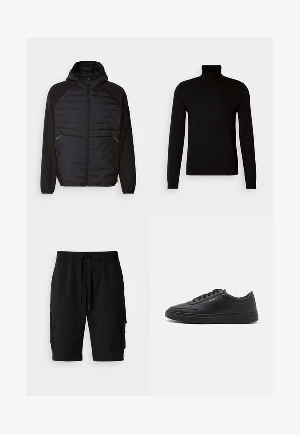 Sort jakke med hætte, der har et quiltet design foran, glatte ærmer og lynlåslommer. Struktureret stof med en tætsiddende silhuet.; Sort turtleneck sweater lavet af et fint strikket stof, der har lange ærmer og en tætsiddende silhuet. Glat tekstur med ribbede manchetter.; Sorte cargo shorts lavet af letvægtsstof, med elastisk talje, snor og sidelommer til ekstra opbevaring.; Sorte lædersneakers med en glat overflade, rund tå, flad gummisål og tonede snørebånd. Udstyret med guld "BOSS" branding på siden.