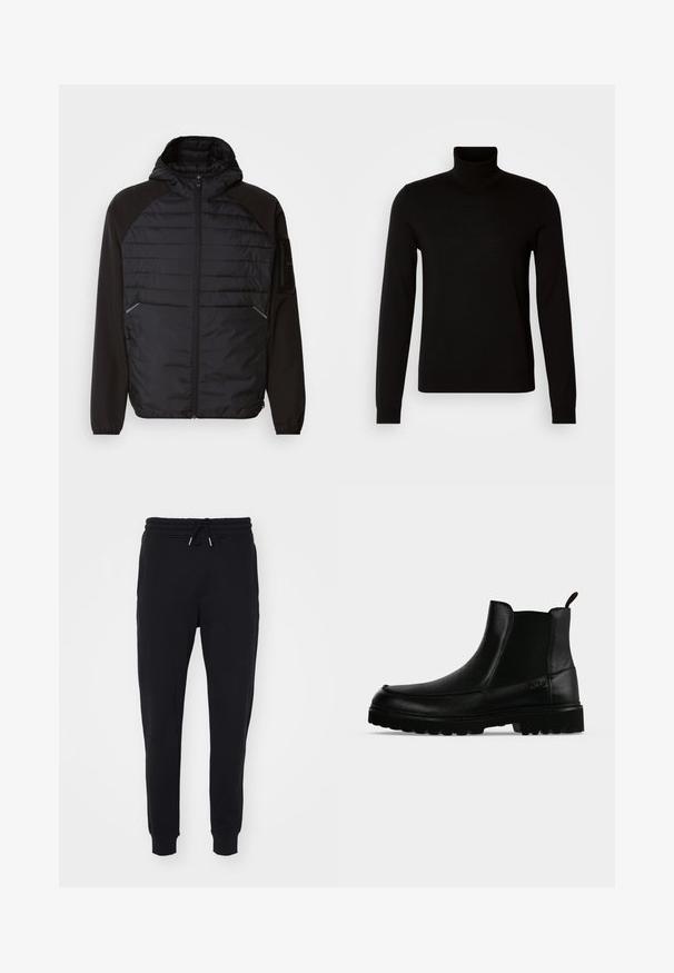 Veste noire avec capuche, présentant un design matelassé à l'avant, des manches lisses et des poches zippées. Tissu texturé avec une silhouette ajustée.; Pull col roulé noir en tissu tricoté fin, doté de manches longues et d'une silhouette ajustée. Texture lisse avec des poignets côtelés.; Pantalons de survêtement noirs en tissu doux, dotés d'une taille élastique avec cordon de serrage, de poches latérales et de finitions ajustées aux chevilles.; Bottine noire en cuir avec semelle texturée, panneaux latéraux élastiques et languette de tirage sur fond gris clair.
