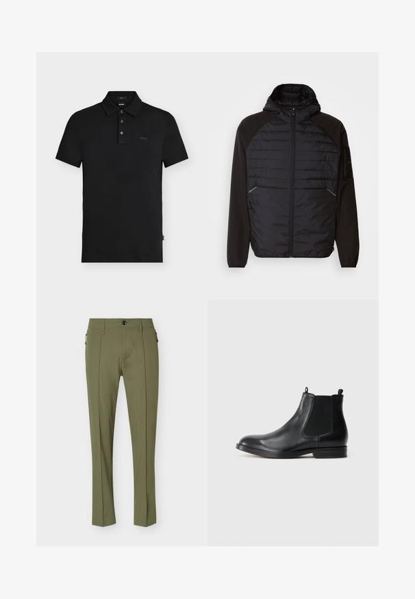 Sort jakke med hætte, der har et quiltet design foran, glatte ærmer og lynlåslommer. Struktureret stof med en tætsiddende silhuet.; Sort slim-fit polo skjorte med tre knapper, korte ærmer og diskret "BOSS" logo på brystet og indersiden af kraven.; Skræddersyede olivengrønne bukser med forreste pressefolder, knaplukning, bæltestropper og lynlåslommer i siden.; Sorte læder Chelsea støvler med elastiske sidepaneler, rund tå, trækstrop og en lav blokhæl. Glat tekstur og minimalistisk design.