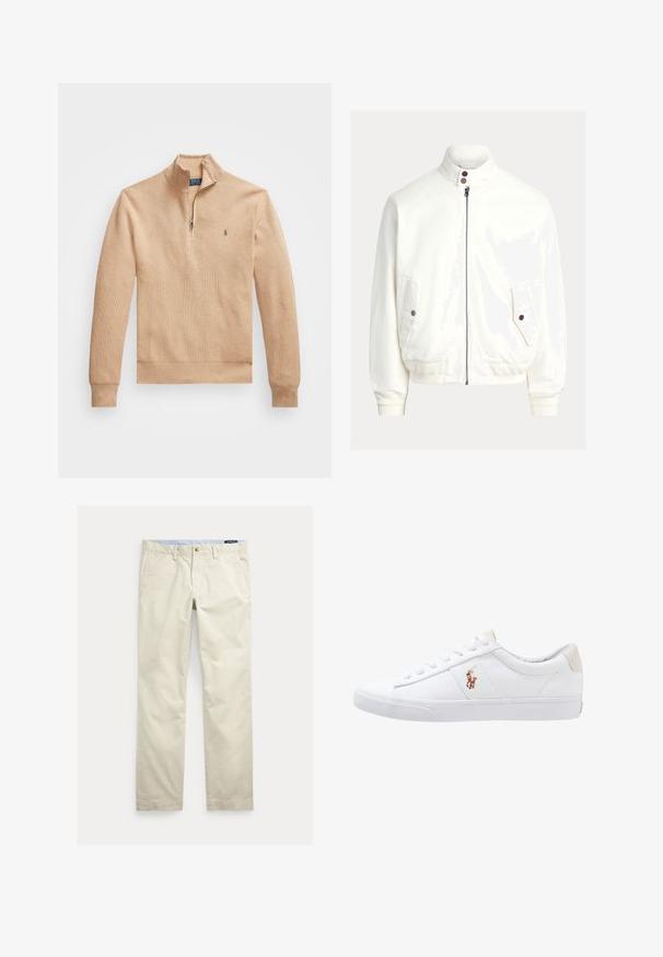Witte bomberjas met ritssluiting, geribde boorden en zoom, twee zakken met klep met knopen en een hoge kraag met twee donkere knopen.; Beige pullover trui met een halve rits kraag, geribde manchetten en zoom, voorzien van een textuur stof en een klein logo op de linkerborst.; Beige katoenen broek met rechte pijpen, riemlussen, voorste knoop, ritssluiting en zijzakken.; Witte canvas sneakers met een laag ontwerp, featuring een beige hieltab en een klein geborduurd logo aan de zijkant. Rubber zool.