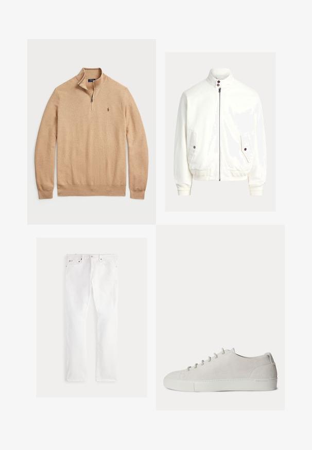 Hvid bomberjakke med lynlås, ribstrikkede manchetter og kant, to lommer med knapklap og høj krave med to mørke knapper.; Beige zip-hals sweater lavet af struktureret strikstof med ribbede manchetter og kant; har et lille logo på brystet.; Hvide denimjeans med lige ben, der har fem lommer, kobberhardware og diskrete syningsdetaljer. Glat tekstur med en ren finish.; Hvid lav-sneakers i ruskind med snørelukning foran og gummisål, minimalistisk design.