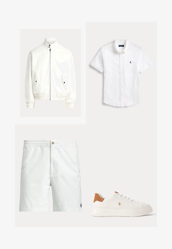Cazadora bomber blanca con cremallera, puños y bajo acanalados, dos bolsillos con solapa y botón, y cuello alto con dos botones oscuros.; Camisa blanca de manga corta con botones, con cuello y un pequeño logo bordado en azul marino de un jugador de polo en el pecho izquierdo.; Pantalones cortos blancos para hombre con cinturilla elástica, cierre de botón, bolsillos laterales y pequeño logo oscuro cerca del dobladillo inferior en una pierna.; Zapatilla blanca de caña baja con lengüeta trasera en color marrón claro, cordones blancos y un pequeño logo bordado de jugador de polo en el lateral sobre una suela gruesa.