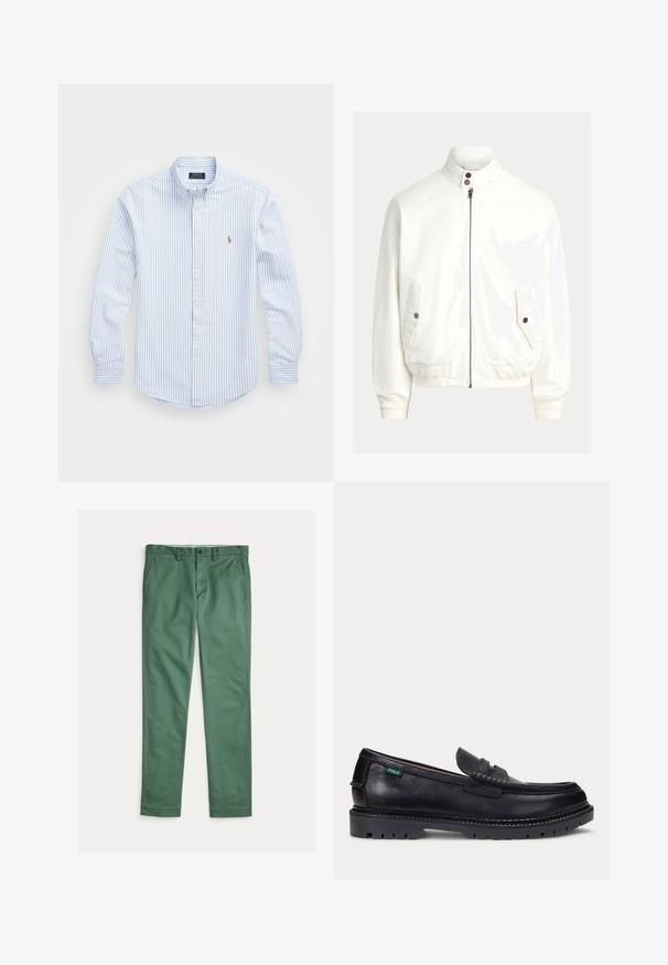 Veste bomber blanche zippée avec poignets et ourlet côtelés, deux poches à rabat boutonné, et un col montant avec deux boutons foncés.; Chemise à rayures bleu clair et blanche, à boutons, avec un col, des manches longues et un petit logo brodé sur la poitrine. Matériau en coton.; Pantalon vert droit pour homme avec poches avant, passants de ceinture et fermeture par bouton, présenté à plat sur fond blanc.; Mocassin en cuir noir avec une semelle épaisse à crampons et une petite étiquette verte "Polo" sur le côté extérieur, près du talon.