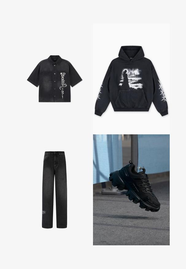Sort kortærmet skjorte med knapper og to brystlommer, med hvidt lodret "ED HARDY 1971"-tryk på den højre lomme.; Sort hættetrøje med et frontgrafik af en figur mod en skyet baggrund. Indeholder en kængurulomme og stjernemønstre på ærmerne.; Sorte denim bukser med bred benvidde og høj talje, med to forlommer og en dekorativ logodetalje på det nederste ben.; Sort chunky sneaker med tyk slidbane sål, der svæver over en grå fortov mod en sløret lyseblå og grå baggrund.