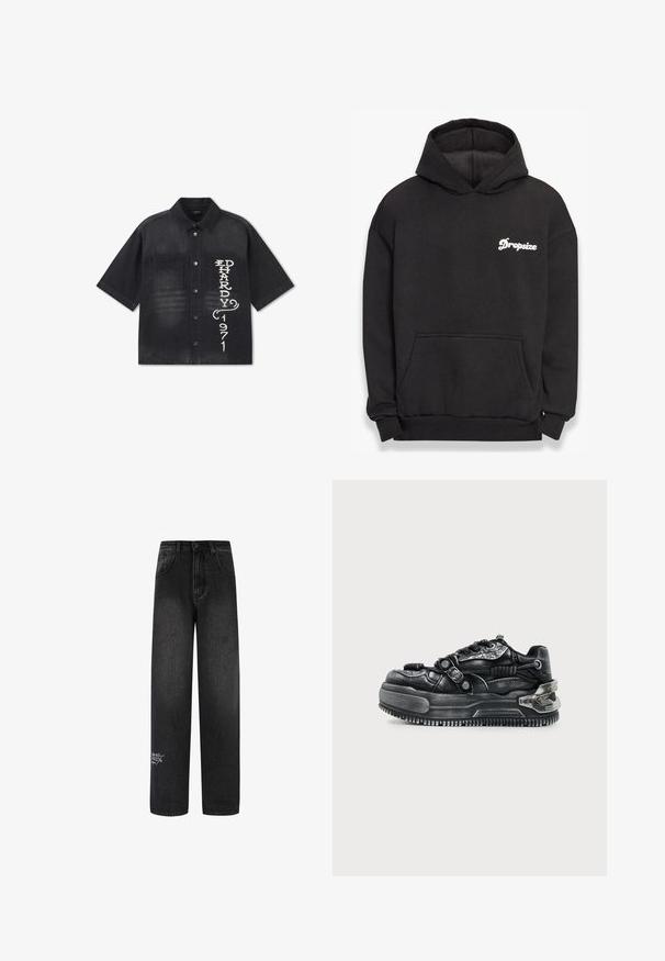 Sort kortærmet skjorte med knapper og to brystlommer, med hvidt lodret "ED HARDY 1971"-tryk på den højre lomme.; Sort hættetrøje lavet af blødt materiale. Har en frontlomme, ribbede manchetter og hvid "Dropsize" logo på venstre bryst.; Sorte denim bukser med bred benvidde og høj talje, med to forlommer og en dekorativ logodetalje på det nederste ben.; Sort chunky sneaker med tyk sål, snørebånd, teksturerede stropper og metal detaljer på hælen og siderne mod en lys baggrund.