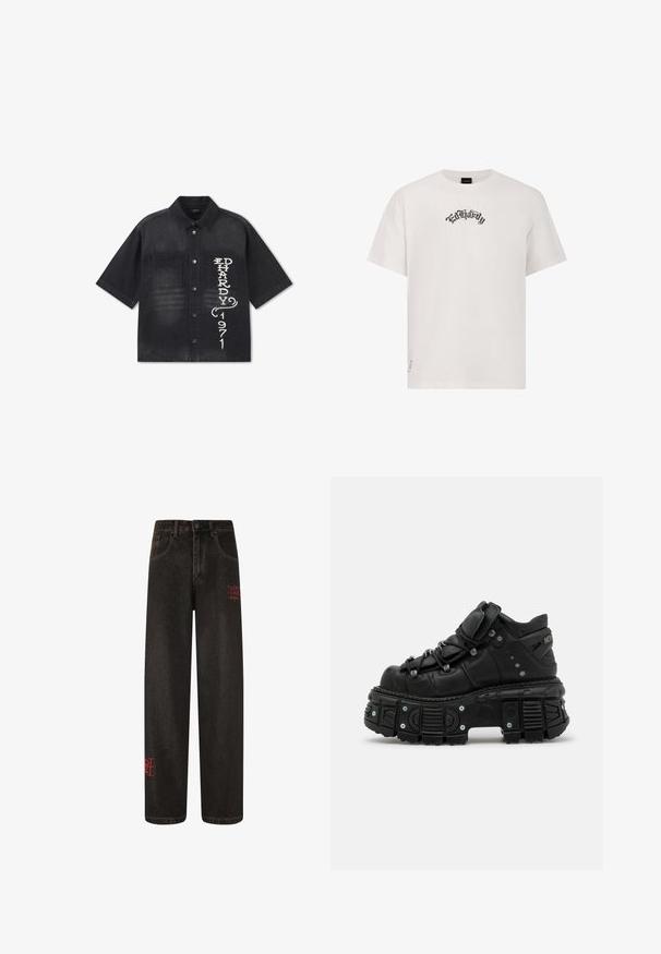 Sort kortærmet skjorte med knapper og to brystlommer, med hvidt lodret "ED HARDY 1971"-tryk på den højre lomme.; Hvid bomulds T-shirt med sort broderet tekst, rund halsudskæring, korte ærmer og en afslappet pasform. Minimalistisk design uden mønstre.; Sorte denim wide-leg jeans med synlige sømme og rød broderet tekst. Har en klassisk knaplukning og bæltestropper.; Sorte læder høj-top sneakers med en tykk gummisål, snørebåndsdesign, polstret krave og metal accenter. Har en mønstret sål for godt greb.