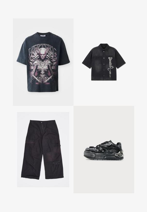 Camisa negra de manga corta con botones y dos bolsillos en el pecho, con texto blanco vertical "ED HARDY 1971" en el bolsillo derecho.; Camiseta gráfica negra de algodón, con un gran diseño en rosa y blanco de una figura humanoide con detalles intrincados y el texto "VERTERE."; Pantalones cargo negros de pierna ancha con múltiples bolsillos y una rasgadura desgastada en el muslo derecho, colocados planos sobre un fondo blanco.; Zapatilla chunky negra con suela gruesa, diseño con cordones, correas texturizadas y detalles metálicos en el talón y los lados sobre un fondo claro.