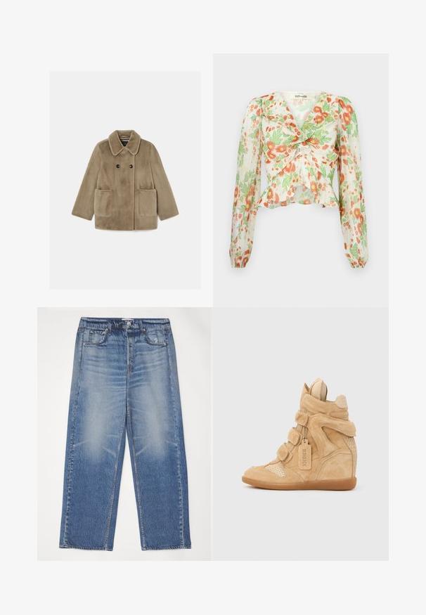 Manteau en fausse fourrure marron avec un col, fermeture à double bouton, deux poches avant et une texture douce. Design boxy avec des manches droites.; Diane von Furstenberg MARY - Chemisier - marlene batik ivory; Jean en denim bleu à coupe décontractée, avec un devant délavé, cinq poches et une fermeture à bouton. Présente un bouton argenté et des surpiqûres contrastées.; Baskets compensées en daim fauve avec trois sangles Velcro, bout perforé, talon clouté et une étiquette suspendue portant l'inscription "BRONX" sur fond blanc.