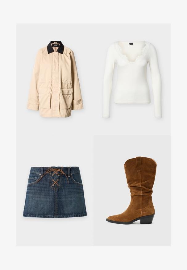 Beige jack met een zwarte corduroy kraag, klepzakken aan de voorkant, lange mouwen met verstelbare banden en een verborgen knoopsluiting.; Wit geribd shirt met lange mouwen en een V-hals met rafelige randen, afgebeeld tegen een effen achtergrond.; Donkerblauwe denim minirok met voorzakken en een bruin veterdetail bij de tailleband.; Bruine suède cowboylaars met een slouchy ontwerp, spitse teen en een gestapelde hak. Voorzien van stiksels en een aantrekband aan de achterkant.