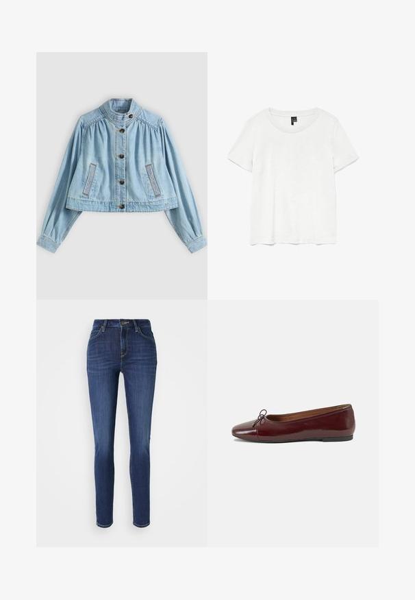 Lyseblå cropped denimjakke med lange ærmer, knaplukning foran, høj krave og to forkant-syede lommer.; Hvid kortærmet t-shirt med rund halsudskæring, lavet af letvægtsstof. Enkel design, glat tekstur og lige kant.; Slim-fit jeans i mørkeblå denim med subtil falmning. Har fem lommer, bæltestropper og en frontknaplukning. Standard lige ben design.; Bordeaux patentlæder balletflad med rund tå, lille sløjfeaccent foran og en lav, sort gummisål. Glat tekstur.