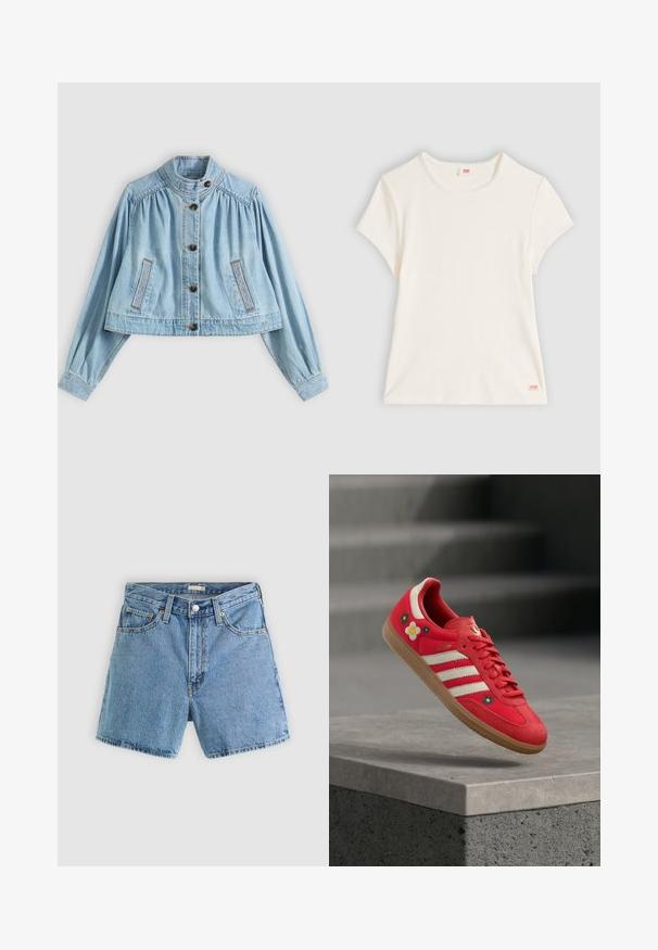 Veste en denim bleu clair raccourcie avec manches longues, fermeture boutonnée, col montant et deux poches avant cousues.; T-shirt blanc à manches courtes en coton côtelé, avec un col rond et une petite étiquette logo Levi's en bas de l'ourlet.; Short en denim bleu clair avec bouton et fermeture éclair à l'avant, passants de ceinture, et design à cinq poches sur un fond uni.; Chaussure de sport rouge avec des rayures blanches, une broderie florale et une semelle en gomme. Tissu lisse avec des accents en daim. Modèle : Samba.
