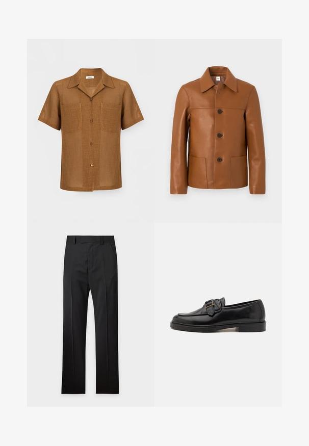 Veste marron en cuir synthétique avec large col, trois boutons noirs sur le devant et deux poches plaquées à l'avant, sur un fond gris clair.; Chemise marron à manches courtes avec boutons, texture ajourée, deux poches poitrine devant et col pointu.; Pantalon de costume noir sur mesure avec passants de ceinture, poches avant et un pli sur chaque jambe, présenté à plat sur fond blanc.; Mocassins en cuir noir avec un bout arrondi et une boucle décorative. Talon plat, solide et texture lisse sur l'ensemble.
