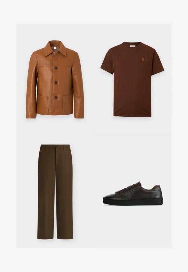 Veste marron en cuir synthétique avec large col, trois boutons noirs sur le devant et deux poches plaquées à l'avant, sur un fond gris clair.; T-shirt marron à manches courtes avec col rond et petit logo brodé sur le côté gauche de la poitrine, sur fond uni.; Pantalon marron droit avec passants de ceinture, fermeture avant par bouton et zip, présenté sur un fond clair uni.; Baskets basses en cuir marron foncé avec semelle en caoutchouc noire, lacets à l'avant et design minimaliste épuré sur fond clair.