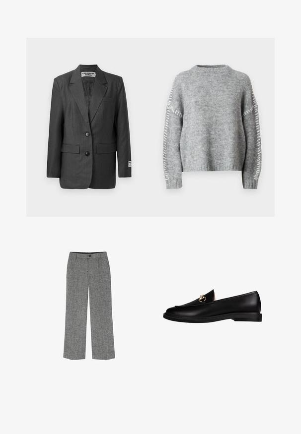 Grå stribet blazer med to knapper, klassiske klapferler, forlommer og et mærke på ærmet. Glat stof med en struktureret pasform.; JDY Knitted JDYZOEY Knitted - Striktrøje - light grey melange; Grå brede bukser i et tekstureret stof, med knaplukning og forlommer, designet til en afslappet pasform.; Sorte læder loafers med en glat overflade, med en guldfarvet hardware detalje på vampen og en lav, flad sål.