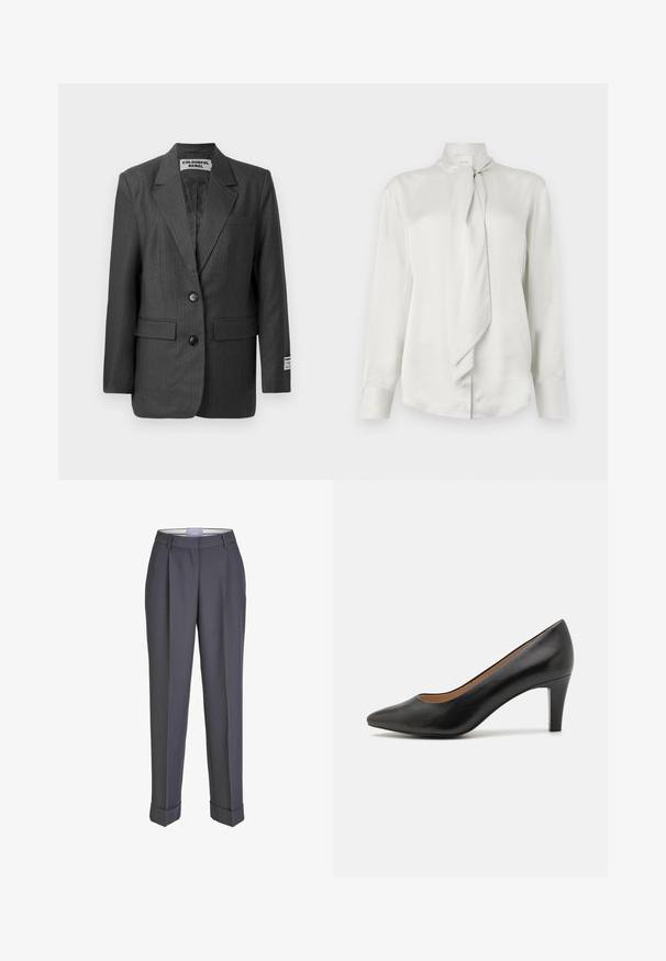 Grauer Nadelstreifen-Blazer mit zwei Knöpfen, Reverskragen, Fronttaschen und einem Etikett am Ärmel. Glattes Material mit strukturierter Passform.; Weiße Bluse mit langen Ärmeln, hohem Kragen und einer vorne gebundenen Schärpe, aus glattem, satinähnlichem Stoff.; Dunkelgraue Tailor-Hosen mit geradem Bein, gefalteter Vorderseite und umgeschlagenen Säumen. Hergestellt aus glattem Stoff und mit einem klassischen Bund versehen.; Schwarze Leder-Pumps mit hohen Absätzen, spitzem Zehenbereich, schlankem Design, moderatem Absatz und glatter Textur. Das Innere verfügt über eine braune Fütterung.