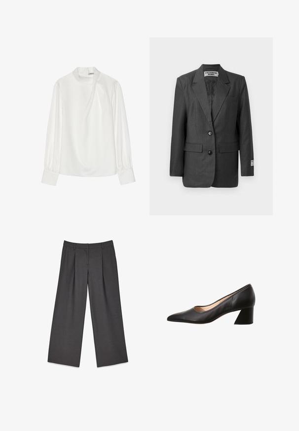 Grå stribet blazer med to knapper, klassiske klapferler, forlommer og et mærke på ærmet. Glat stof med en struktureret pasform.; Hvid bluse med høj hals, lange puffærmer og lynlås bagpå. Glat stof med en let glans og subtil drapering.; Grå bredbeinte bukser lavet af et glat stof, med frontfolder, lynlåsgylpter og bæltestropper til justerbar pasform.; Sort læder damesko med spids tå og lav blokhæl, beige indvendig foring, vist fra siden på hvid baggrund.