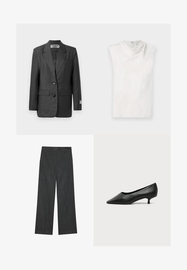 Blazer gris à rayures avec deux boutons, revers crantés, poches frontales et une étiquette sur la manche. Tissu lisse avec une coupe structurée.; Haut blanc sans manches avec un col montant et une fermeture éclair au dos, présenté à plat sur un fond blanc.; Pantalons larges gris foncé en tissu texturé, avec une taille plate, des passants de ceinture et une finition soignée à l'ourlet.; Escarpin femme en cuir noir à petit talon, bout pointu et petit talon kitten sur fond clair uni.