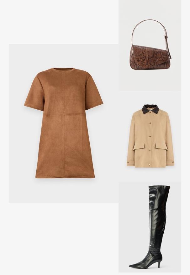 Beiger Mantel mit braunem Cordkragen, Druckknöpfen, zwei Vordertaschen und etwas lockerer Passform. Hergestellt aus strapazierfähigem Stoff mit glatter Textur.; Braunes Wildleder-Kleid mit kurzen Ärmeln und Rundhalsausschnitt, mit vertikalen und horizontalen Nahtdetails auf der Vorderseite.; Schwarze Lederstiefel bis zum Knie mit glänzender Oberfläche, spitzer Zehenpartie und schlanker Stilettoabsatz. Verfügt über einen eng anliegenden Schaft mit Steppnähten.; Braune Schultertasche aus Leder mit Schlangenledermuster, Klappverschluss und einem verstellbaren Riemen vor einfarbigem Hintergrund.
