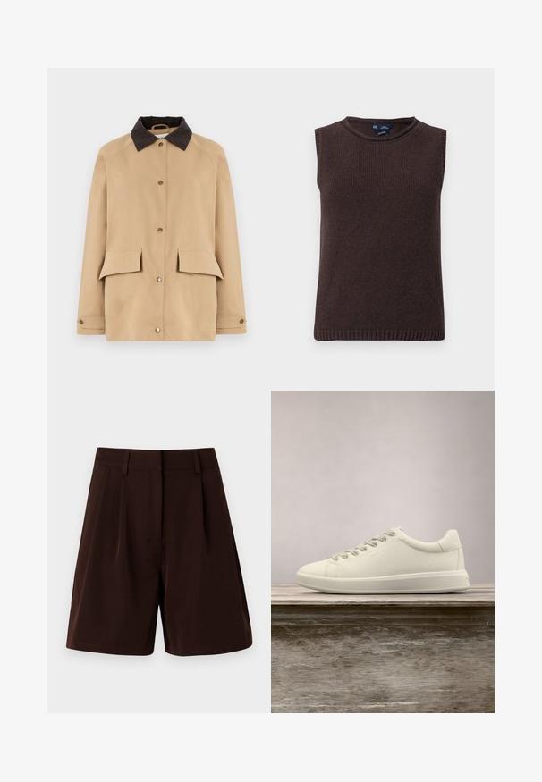 Beige frakke med brun plyskrave, trykknapper, to forlommer og en let løs pasform. Fremstillet af holdbart stof med glat tekstur.; Ærmeløs mørkebrun strikket sweatervest med rund halsudskæring, ribkant og en lille størrelseslabel inde i nakken bagpå.; Brune plisserede shorts lavet af letvægtsstof. Har en klassisk talje og sidelommer, med en lige pasform og kantede kanter.; Hvide lave lædersneakers med snørebånd og flad gummisål, vist fra siden på en ensfarvet baggrund.