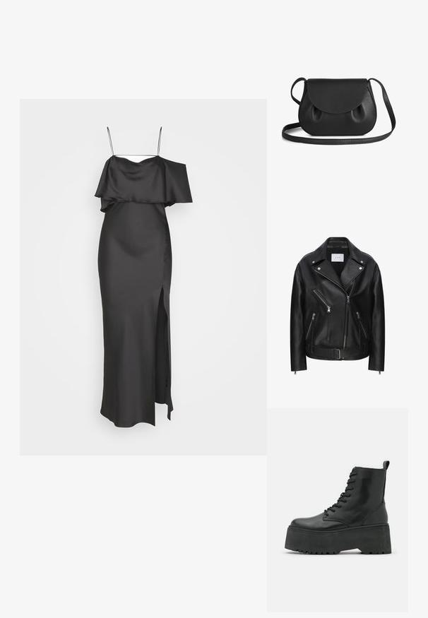 Schwarze Leder-Bikerjacke mit asymmetrischem Reißverschlussdesign, mehreren Reißverschlusstaschen, silberner Hardware und einem Gurtbund. Glatte Textur.; Weekday ELIA OFF SHOULDER DRESS - Ballkleid - anthracite grey; Schwarze Knöchelstiefel mit einer dicken Plattformsohle, aus glattem Leder gefertigt, mit Schnürdesign und einer Zuglasche hinten.; Schwarze Leder-Crossbody-Tasche mit runder Form, ausgestattet mit einem Klappenverschluss und weichen, gerafften Akzenten. Verstellbarer Trageriemen für zusätzlichen Komfort.