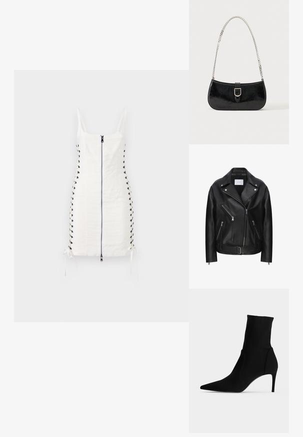 Veste de motard en cuir noir avec un design de zip asymétrique, plusieurs poches zippées, matériel en argent et une taille ceinturée. Texture lisse.; Robe ajustée blanche avec fermeture éclair à l'avant et détails en dentelle sur les côtés. Elle présente des liens ajustables à l'ourlet et des bretelles fines. Texture de tissu lisse.; Bottine noire à bout pointu et talon haut et fin, présentée de profil sur fond clair. Design épuré et minimaliste.; Sac à épaule en cuir verni noir avec détail de boucle argentée et bandoulière en chaîne argentée, présenté sur un fond uni clair.