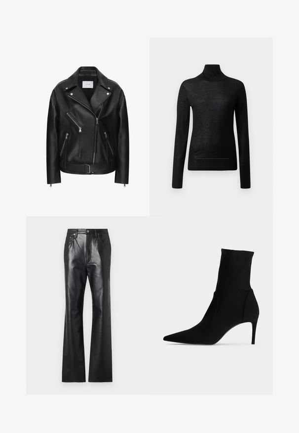 Schwarze Leder-Bikerjacke mit asymmetrischem Reißverschlussdesign, mehreren Reißverschlusstaschen, silberner Hardware und einem Gurtbund. Glatte Textur.; Schwarzes Langarm-Turtleneck-Oberteil aus leichtem Stoff, mit taillierter Passform und minimalen Nahtdetails, ideal zum Lagenlook.; Schwarze Lederhose mit glatter Textur, ausgestelltem Bein design, Frontreißverschluss und Gürtelschlaufen. Mit dezenten Steppnähten.; Schwarzer Ankle-Boot mit spitzer Kappe und schlankem, hohem Absatz, im Profil auf hellem Hintergrund gezeigt. Schlankes, minimalistisches Design.
