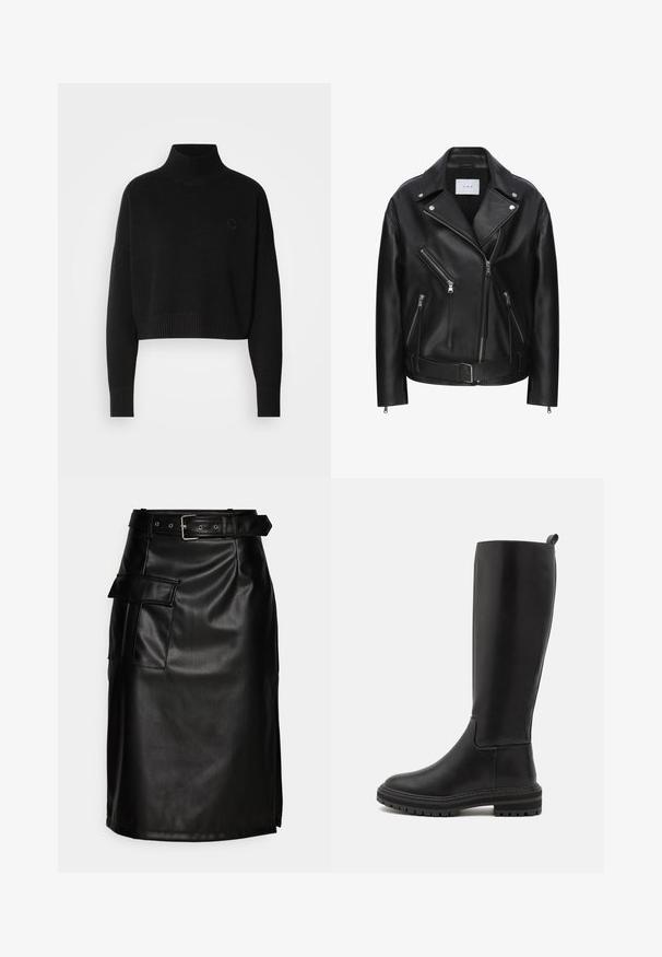 Sort læder bikerjakke med asymmetrisk lynlåsdesign, flere lynlåslommer, sølvhardware og belted talje. Glat tekstur.; Sort cropped sweater, ribbede turtleneck, lange ærmer, strikket tekstur, med et lille logo på brystet.; Sorte faux lædernederdel med bælte i taljen, sidelomme og tætsiddende design. Har en glat tekstur og en let glans.; Støvler i sort læder til knæene med en glat overflade, rund tå, lav gummisål og minimal syning.