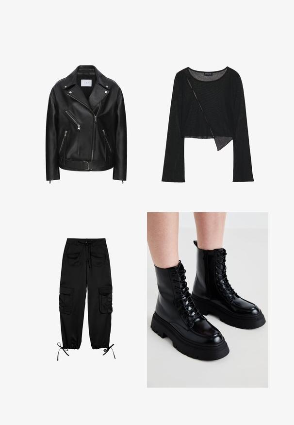 Zwarte leren motorjacket met asymmetrisch ritsontwerp, meerdere ritszakken, zilverkleurige hardware en een ceintuurlengte. Gladde textuur.; Zwarte langemouwen crop top van een lichtgewicht, doorzichtig materiaal. Heeft een ronde halslijn en een asymmetrische zoom met een subtiele textuur.; Zwarte cargobroek van zachte stof, met een trekkoord in de taille, twee voorzakken en twee zijzakken met knoopflappen. Verstelbare boorden.; Zwarte leren enkellaarsjes met een dikke zool, vetersluiting aan de voorkant en een rits aan de zijkant; heeft een gladde afwerking en een verhoogde neuskap.