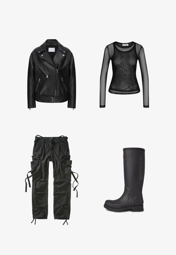 Chaqueta de motociclista de cuero negro con diseño de cremallera asimétrica, múltiples bolsillos con cremallera, herrajes plateados y cintura ajustable con cinturón. Textura suave.; Top negro de malla translúcida con manga larga, escote redondo y silueta ajustada, superpuesto sobre una capa interior sin mangas sólida negra.; Pantalones cargo negros hechos de un tejido ligero, con múltiples bolsillos, laterales ajustables con cordón y un ajuste relajado con costuras reforzadas.; Bota alta de goma negra con acabado texturizado, logo de WODEN en el lateral y suela reforzada con acentos moteados.