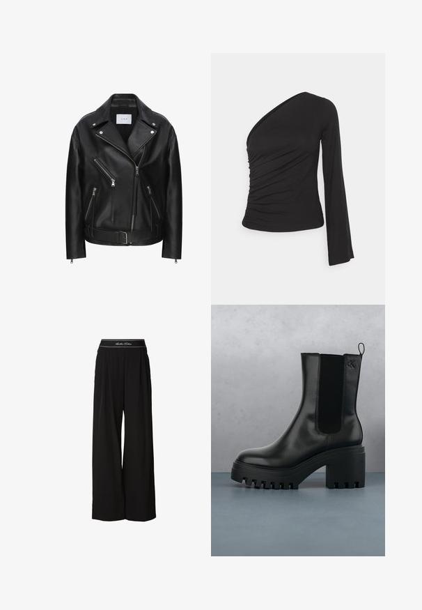 Sort læder bikerjakke med asymmetrisk lynlåsdesign, flere lynlåslommer, sølvhardware og belted talje. Glat tekstur.; Asymmetrisk langærmet top i sort, med en sammensamlet side for tekstur og en tætsiddende silhuet. Lavet af blødt, strækbart materiale.; Sorte bukser med vide ben lavet af et blødt stof, med en kontrastfarvet talje med hvide bogstaver og plisseringsdetaljer foran.; Sort læder ankelstøvle med rund tå, kraftig platformssål og mesh-sidede accenter. Har en trækflig for nem påtagning.