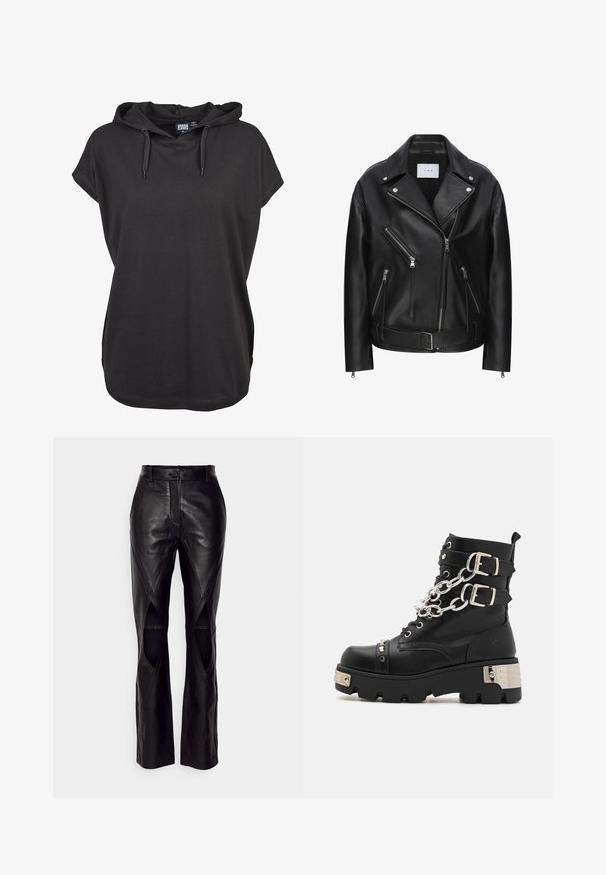 Zwarte leren motorjacket met asymmetrisch ritsontwerp, meerdere ritszakken, zilverkleurige hardware en een ceintuurlengte. Gladde textuur.; Zwarte hoodie t-shirt met korte mouwen, gemaakt van zachte stof. Heeft verstelbare trekkoorden en een relaxte fit. Eenvoudig ontwerp, geen patronen.; Zwarte leren broek met een slim fit ontwerp, voorzien van diagonale naden en uitsnijdingen aan de zijkanten. Rechte pijpen met een knoopsluiting in de taille.; Koi Footwear SHACKLED SHADOWS HEAVY DUTY CHAIN - Cowboy-/Bikerlaarsjes - black