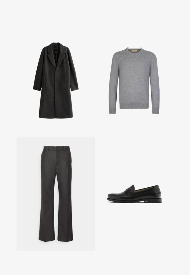 Manteau en laine gris foncé avec un col cranté, fermeture à un bouton, deux poches avant et une coupe droite. Texture lisse avec un design classique.; Pull gris à manches longues en mailles douces. Encolure ras du cou, poignets et ourlet côtelés, avec un design simple et épuré.; forét Pantalon classique - dark grey; Mocassins en cuir noir avec un bout arrondi, des détails de surpiqûres, une texture lisse et un petit talon carré. Aucune décoration ou motif visible.