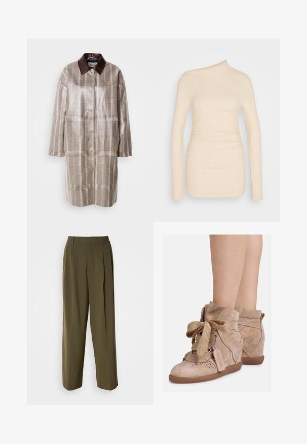 Scotch & Soda COATED RAINCOAT - Manteau classique - taupe; Haut beige à manches longues avec un design asymétrique sur une épaule. Présente un tissu texturé et extensible avec des détails froncés à la taille pour une silhouette ajustée.; Pantalons à jambes larges vert olive en tissu lisse, dotés d'une taille haute, de plis sur le devant et de poches latérales pour plus de fonctionnalité.; Baskets compensées en daim beige avec des lacets épais tissés noués en nœud et une étiquette "BRONX" sur le côté, portées aux chevilles d'une personne.