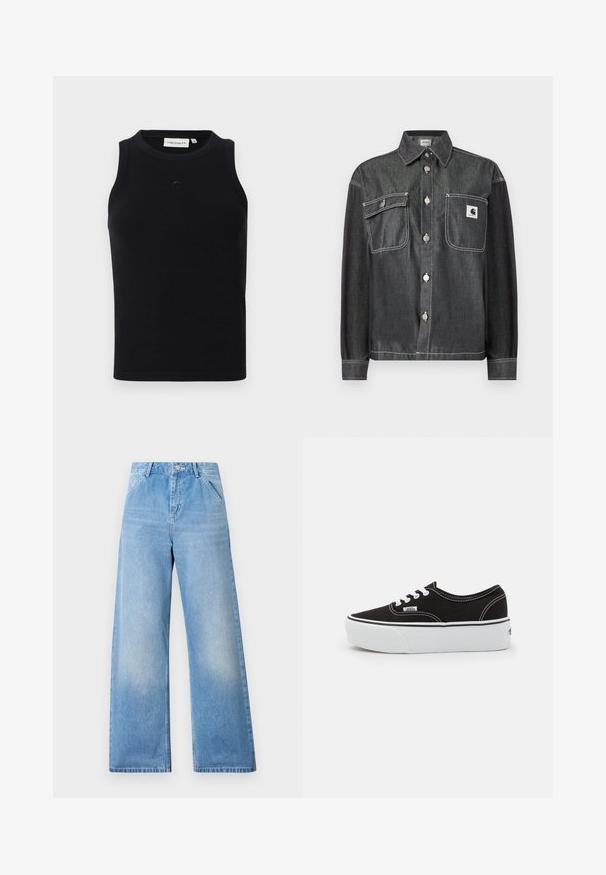 Veste en denim foncé avec col, boutons argentés et deux poches poitrine. Coutures blanches soulignent les coutures. Petite étiquette logo sur la poche.; Débardeur noir sans manches en tissu côtelé, avec un col rond et un petit logo à l'avant. Design simple et ajusté.; Jean large en denim bleu clair à taille haute, avec deux poches avant et une fermeture à bouton. Finition propre avec un délavage minimal.; Baskets en toile noires avec une semelle en caoutchouc blanc, dotées de lacets et de coutures blanches, marquage emblématique sur le côté, design basse.