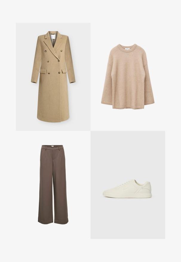 Manteau long en laine beige à double boutonnage avec six boutons, larges revers, poches à rabat et manches longues.; Pull beige à manches longues avec col rond, texture douce et duveteuse, coupe décontractée, présenté sur un fond blanc.; Pantalons larges en tissu doux marron. Dotés d'une taille haute, de deux poches avant et d'une texture lisse avec un design décontracté.; Basket en cuir blanc avec bout arrondi, lacets à l'avant, design minimaliste et subtil marquage sur le côté. Semelle plate en caoutchouc, texture lisse.